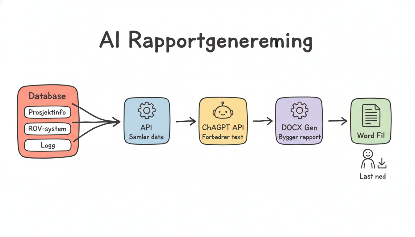 AI rapportgenerering: dataflyt fra database via API og ChatGPT til Word-dokument